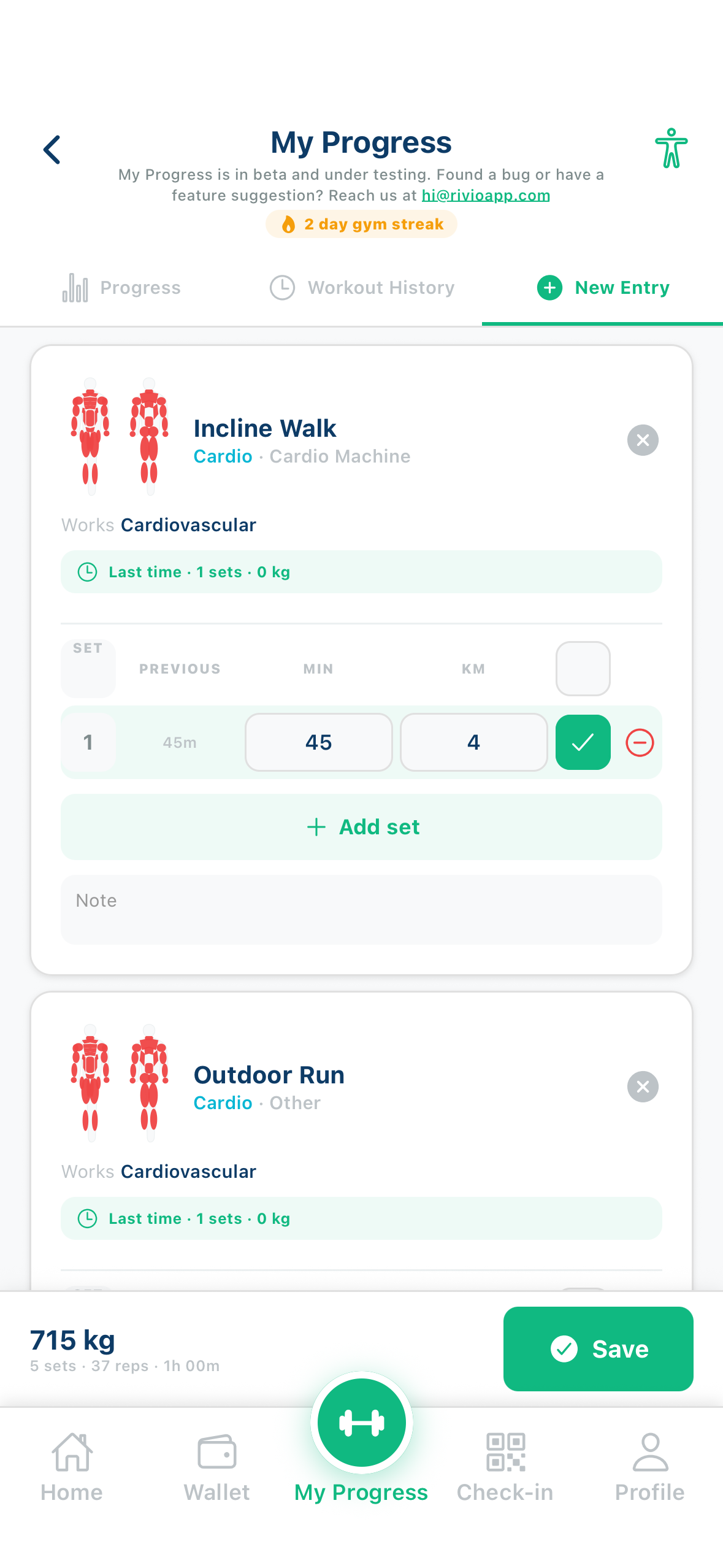 Rivio set logger with incline walk outdoor run weight reps distance workout tracking app India