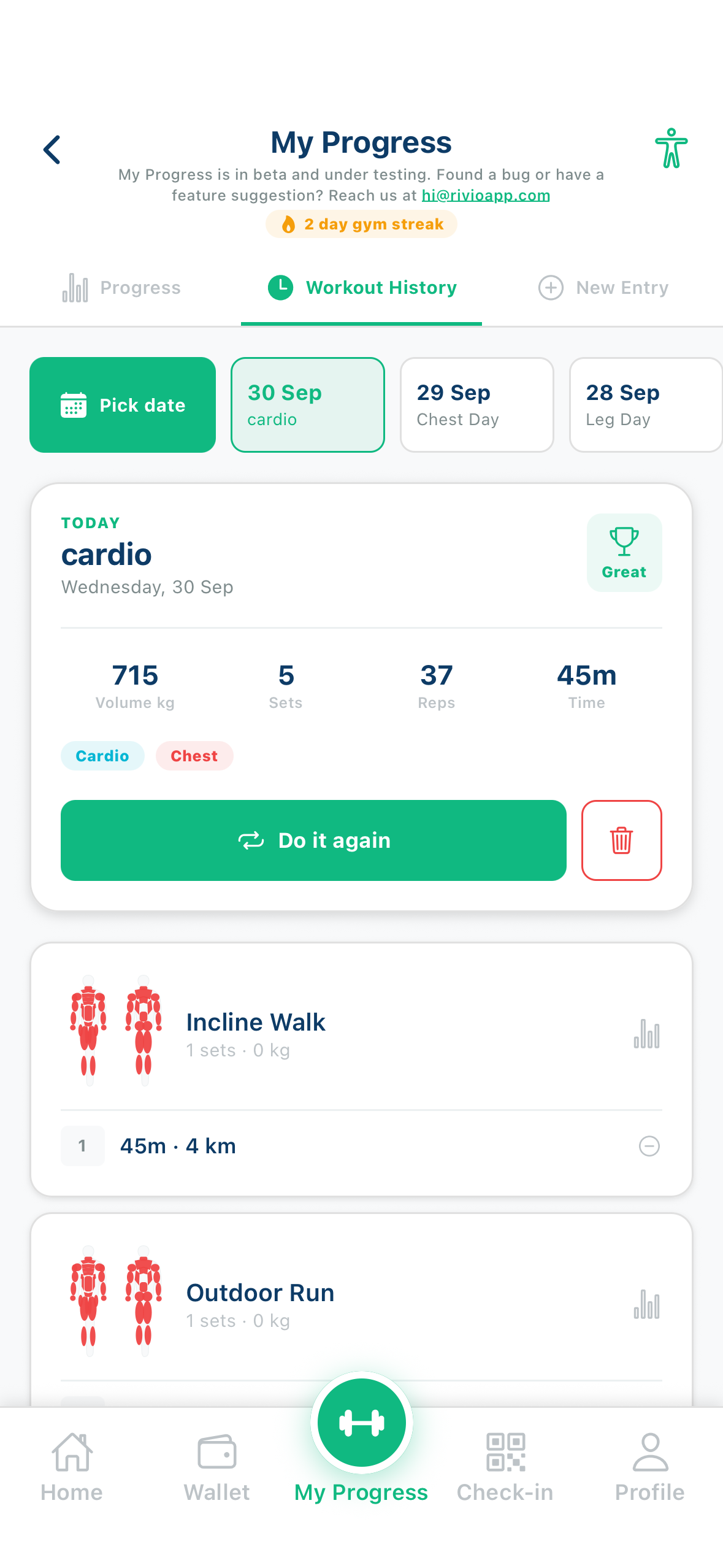 Rivio workout history day by day with volume sets reps and muscle map workout tracker